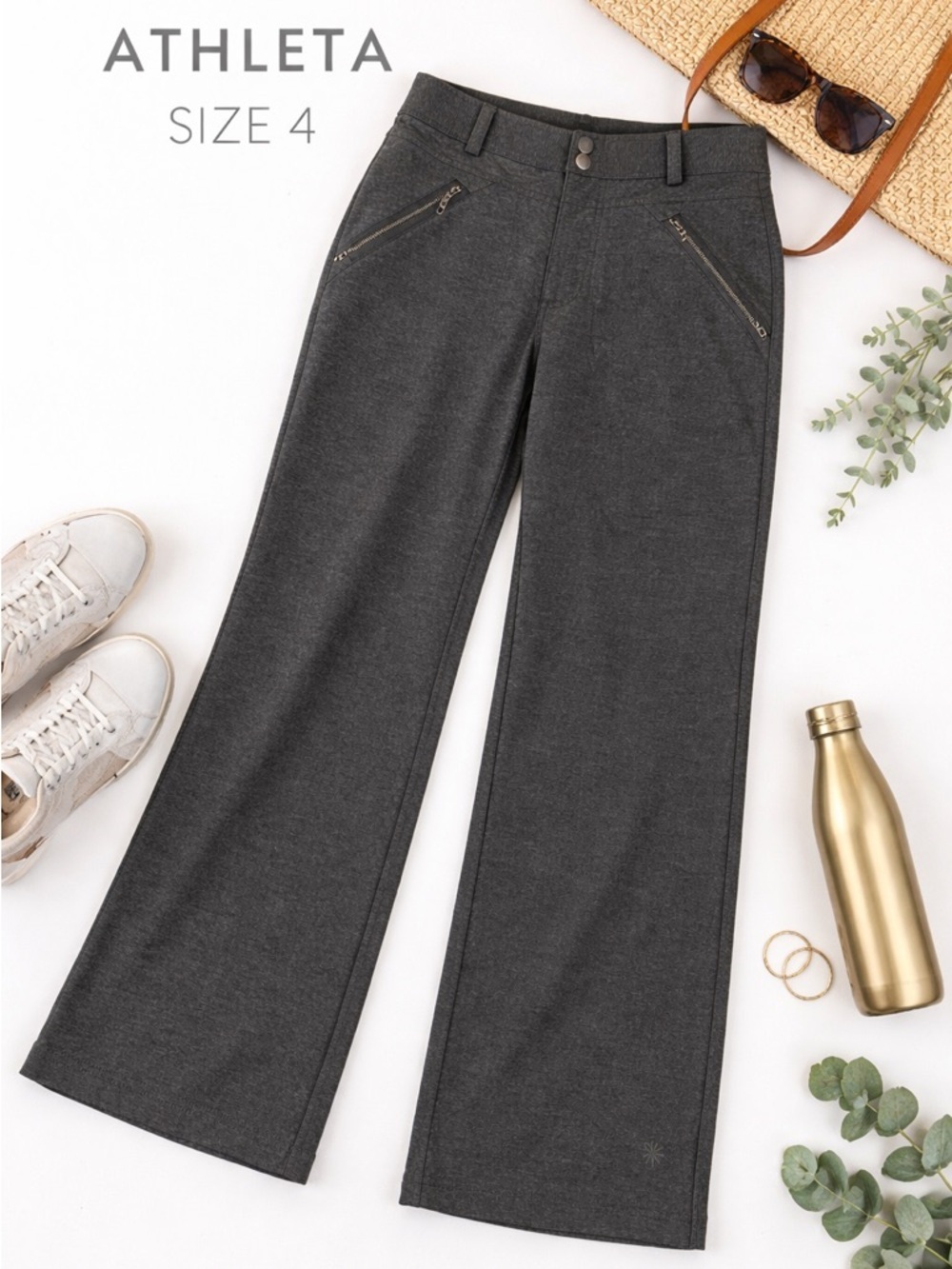 Athleta Wide Leg Pants Size 4 Gray Stretch Work Travel Trouser High Rise